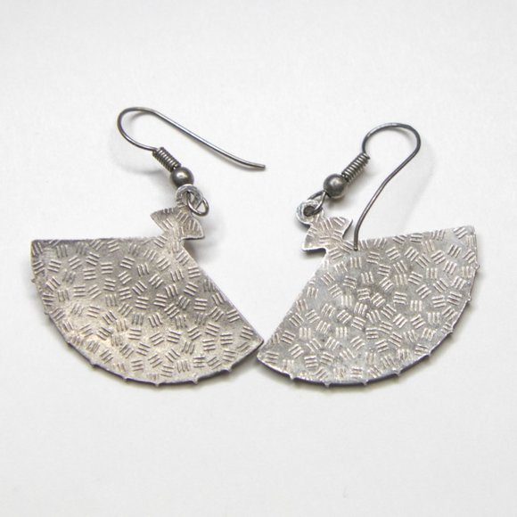 Vintage Cloisonné Floral Fan Silver Tone Earrings